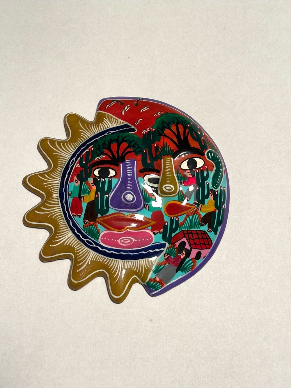 Hand-Painted Mexican Solar Eclipse Sun & Moon Ceramic Wall Plaque in Multicolor